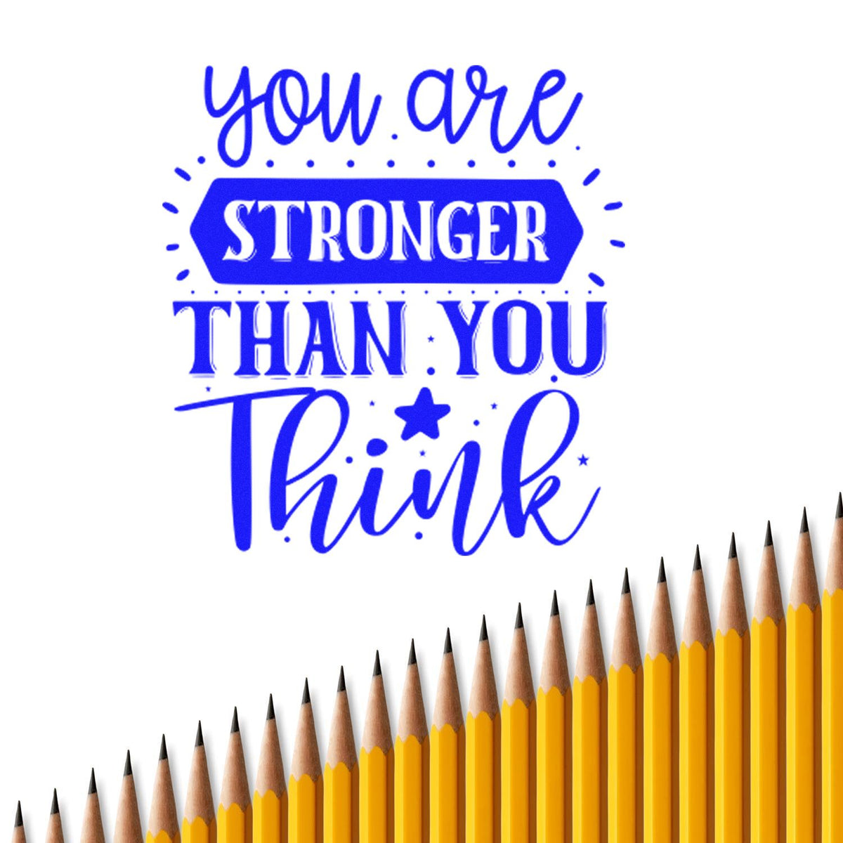 You Are Stronger Than Think rubber stamp shown in blue ink, stamped for projects such as open water album page.
