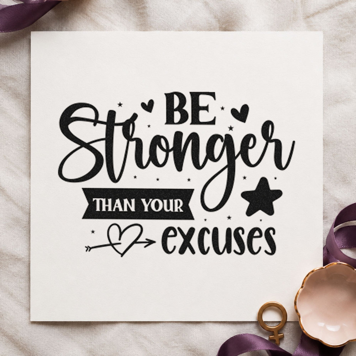 Be Stronger Than Your Excuses Star craft stamp imprint in black ink on a handmade project, one idea being light set gift tags.
