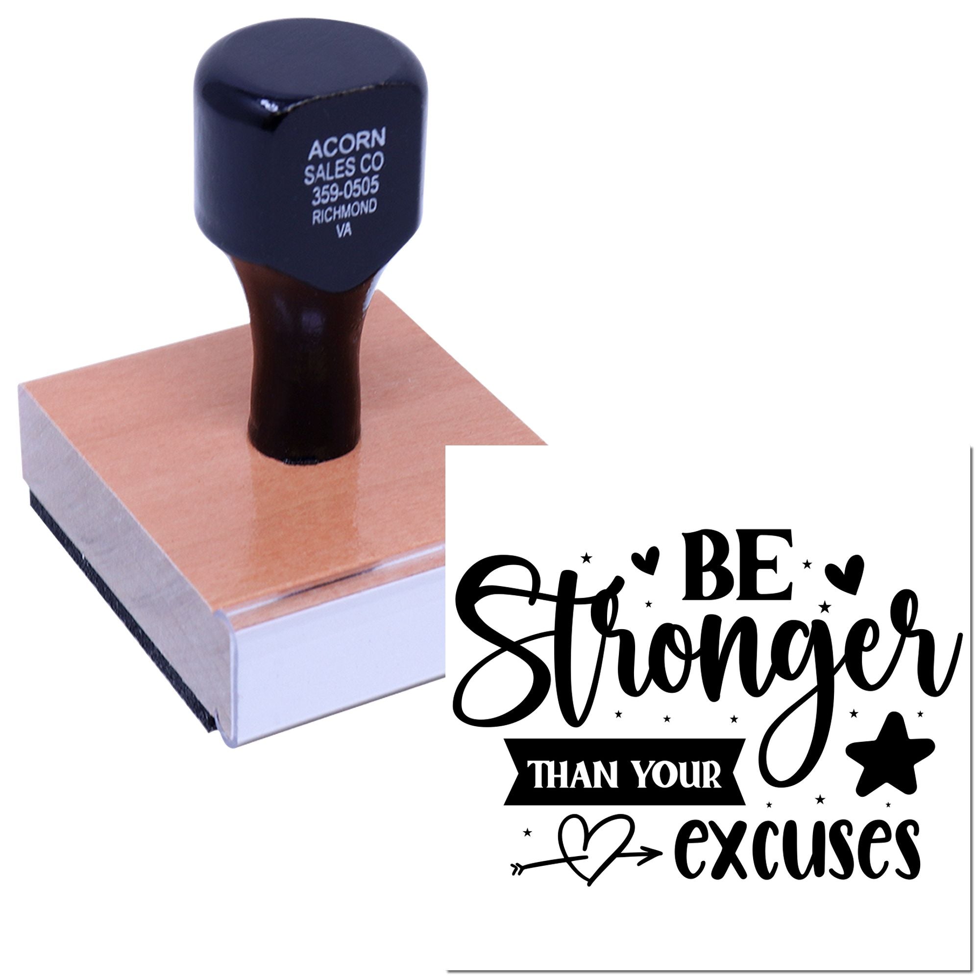 Custom rubber stamp with motivational quote Be Stronger Than Your Excuses and decorative hearts and stars.
