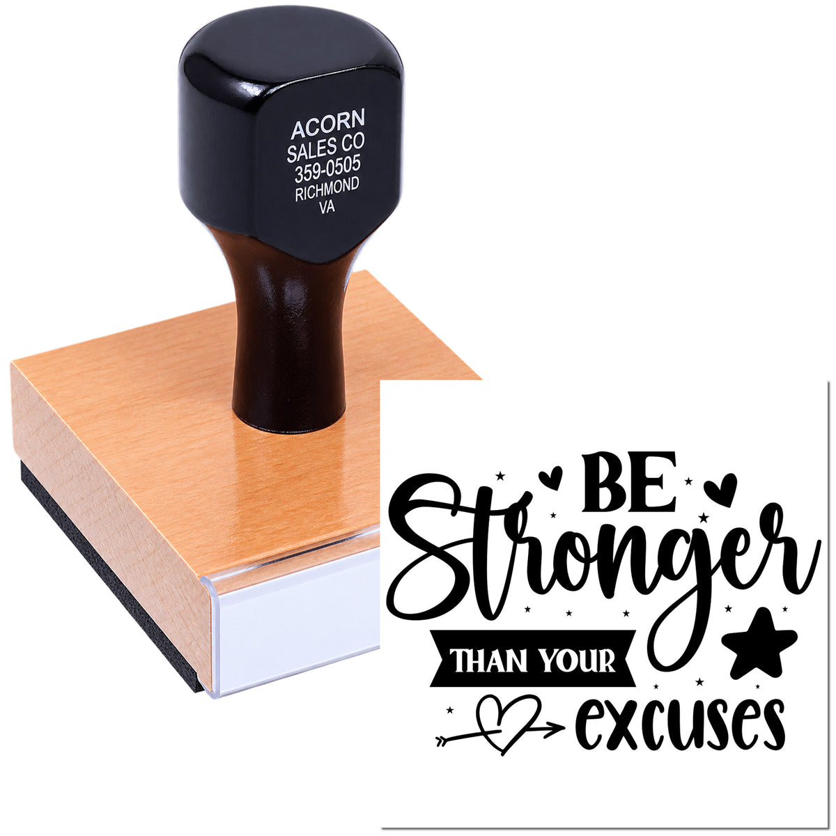 Custom rubber stamp with motivational quote Be Stronger Than Your Excuses and decorative hearts and stars.