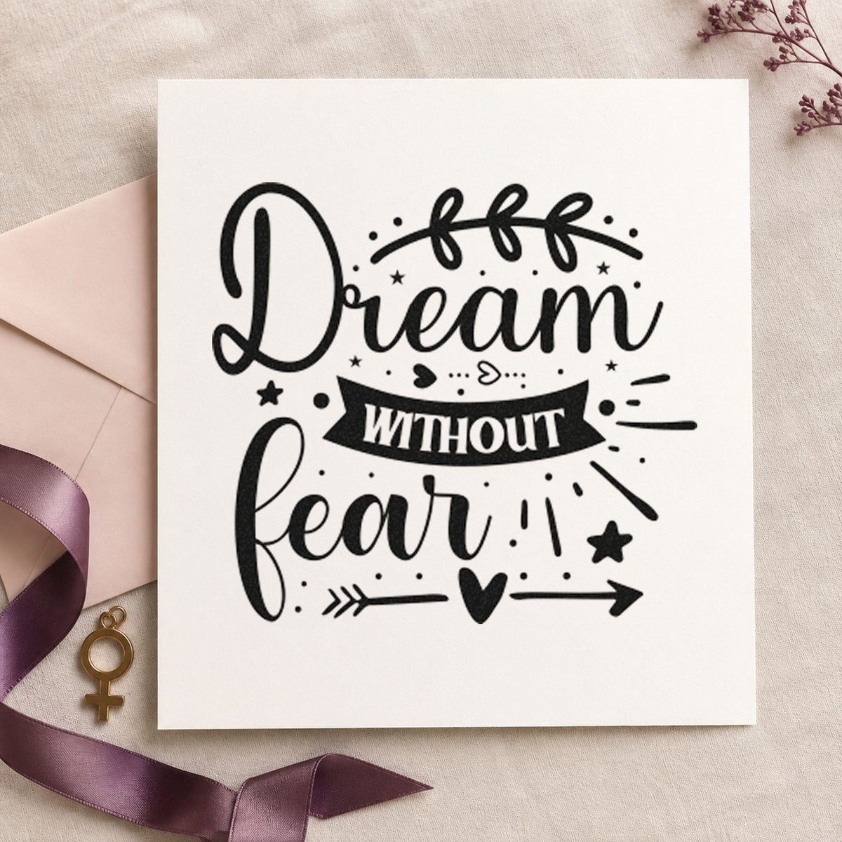 Dream Without Fear Leaf Arrow craft stamp imprint in black ink on a handmade project, one idea being word list gift tags.