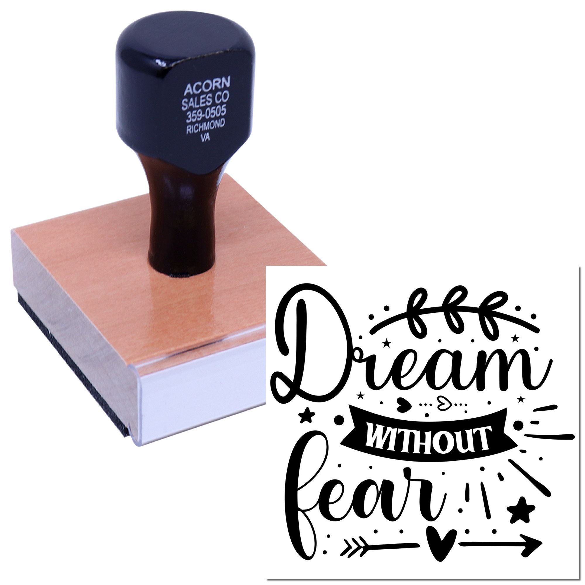 Custom rubber stamp with Dream without fear design for motivational crafts, branding, and handmade business packaging.