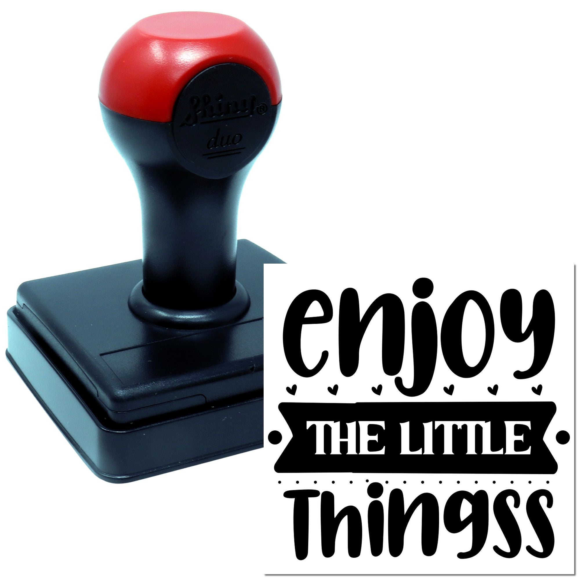 Custom self-inking rubber stamp with Enjoy the Little Things design for crafting, branding, and gift packaging.