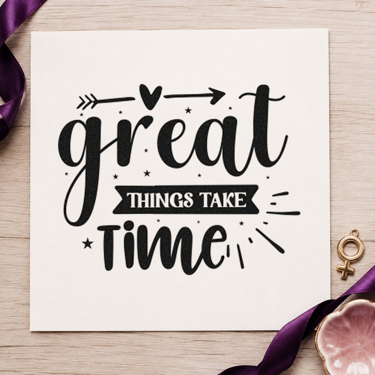 Great Things Take Time Arrow With Stars Pre-Inked Stamp – Slim in use 3