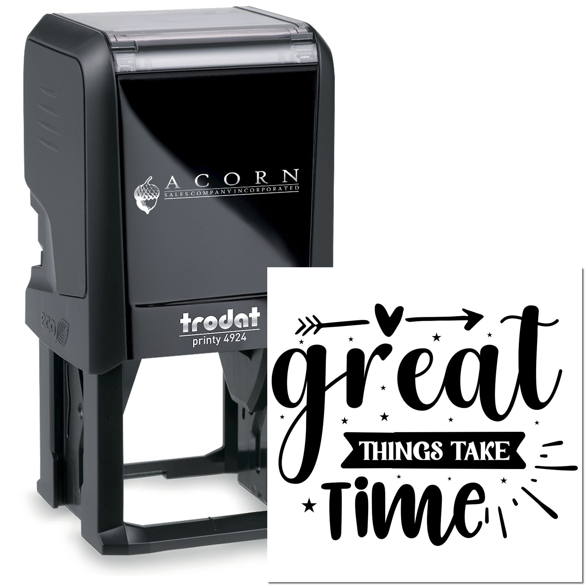 Custom self-inking rubber stamp with Great Things Take Time design, Trodat Printy 4924, ideal for personalized branding.