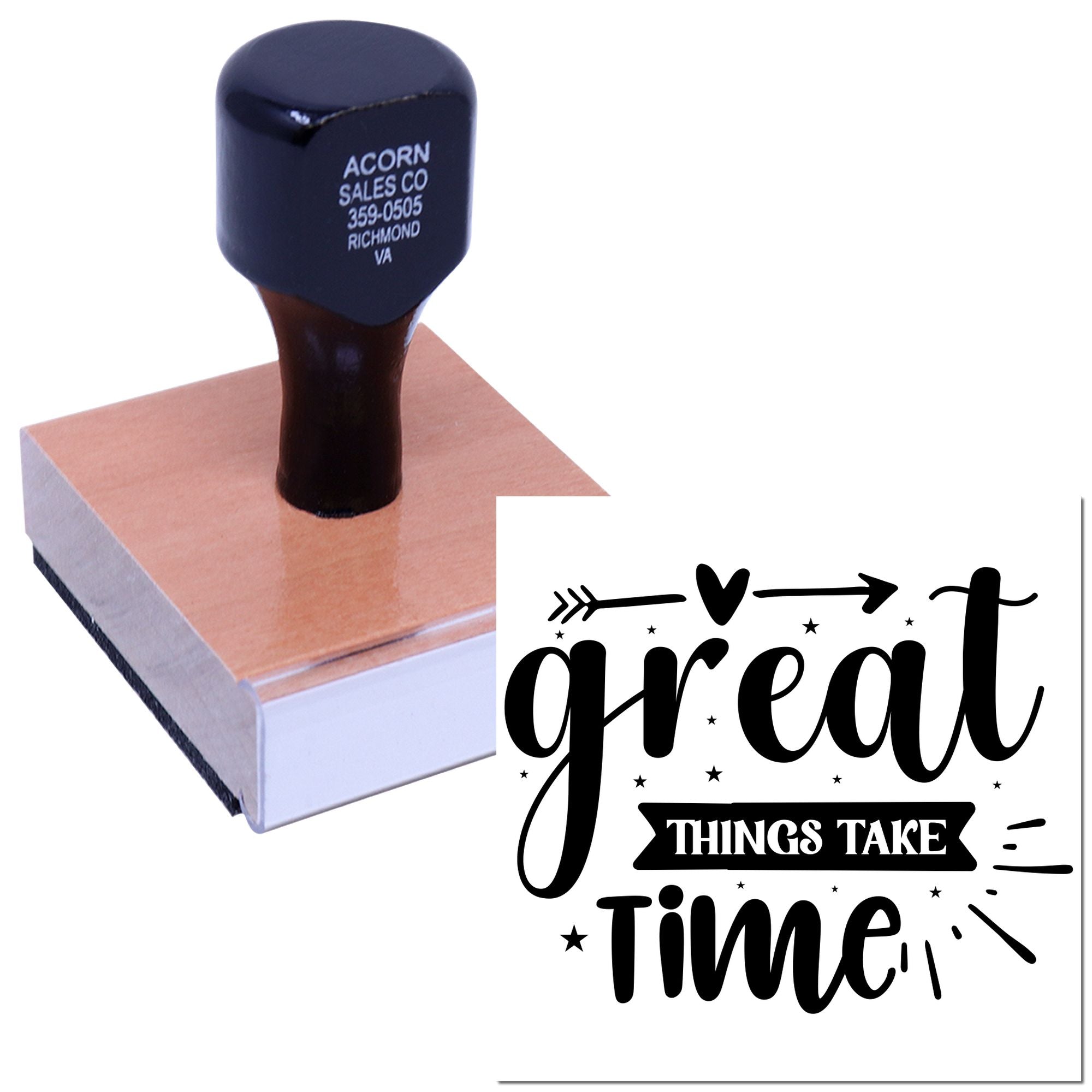 Custom motivational rubber stamp with Great things take time design on wooden block for crafting and handmade branding.