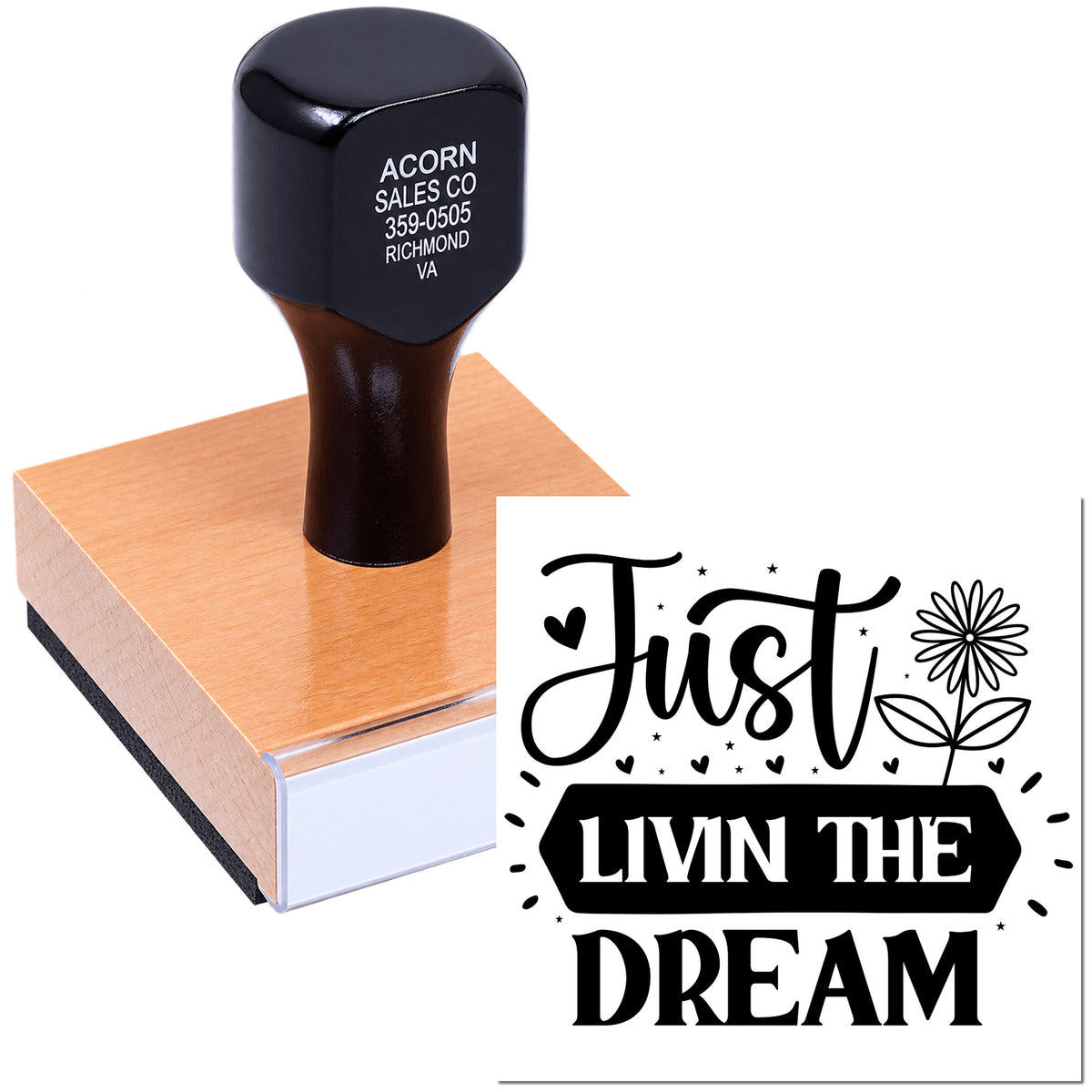 Personalized self-inking rubber stamp with Just Livin the Dream design for crafts, branding, and custom stamping.