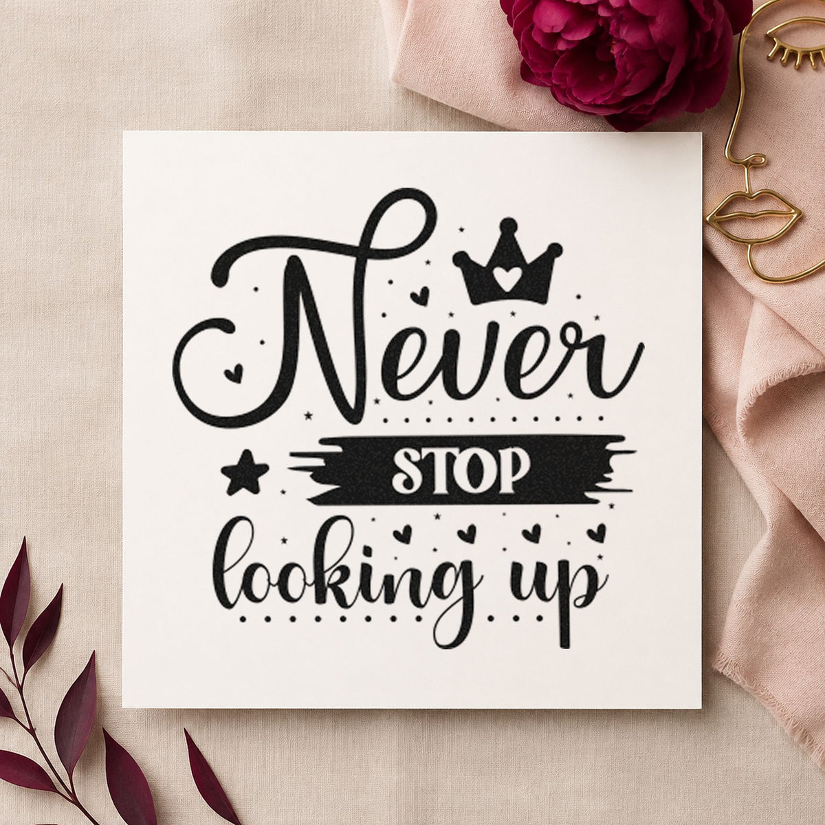 Never Stop Looking Up Crown craft stamp in black ink on cardstock, an easy option for canopy album page.