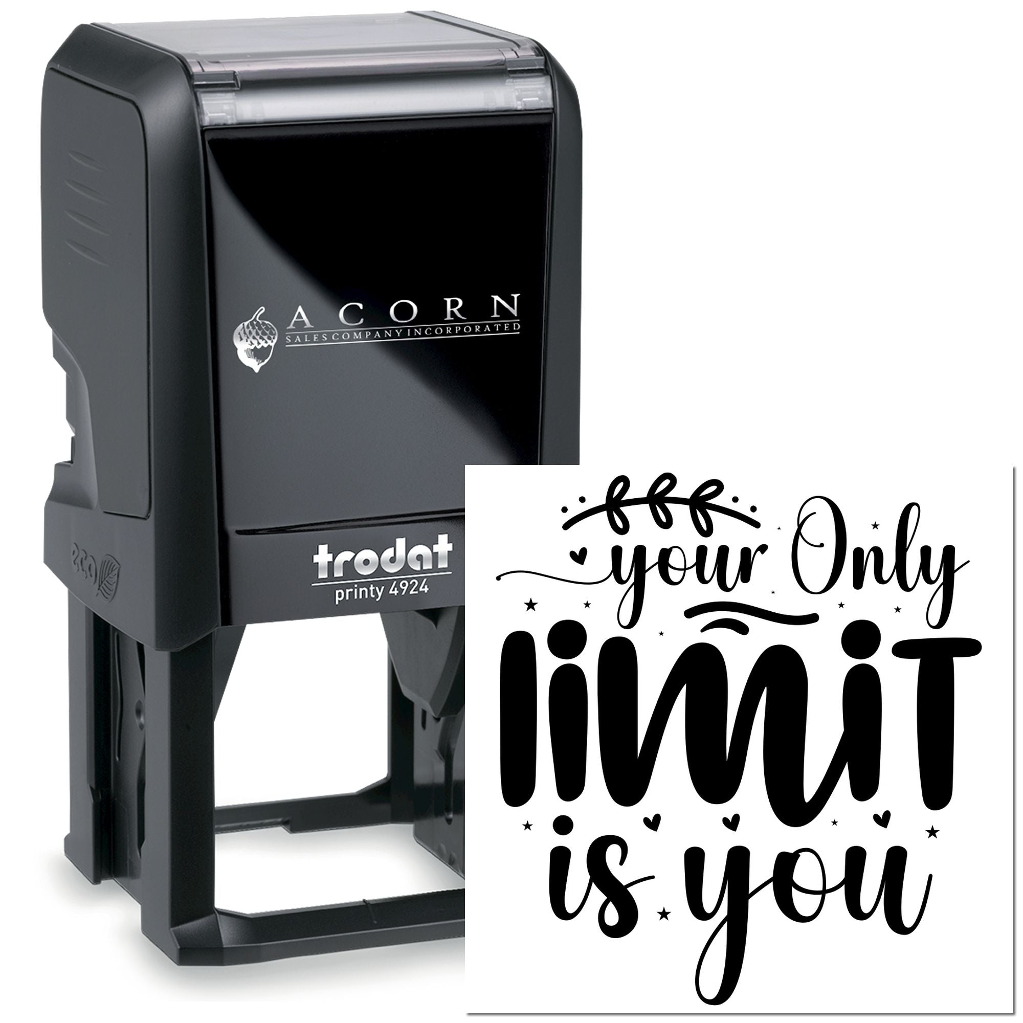 Custom self-inking rubber stamp with inspirational your only limit is you design, ideal for personalized business stamping.