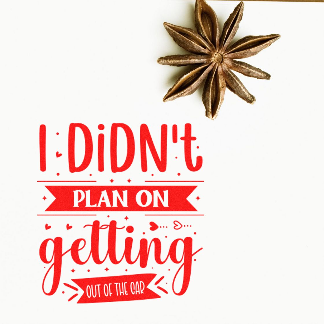 Funny rubber stamp design reading I Didnt Plan on Getting Out of the Car in red with decorative star anise accent.
