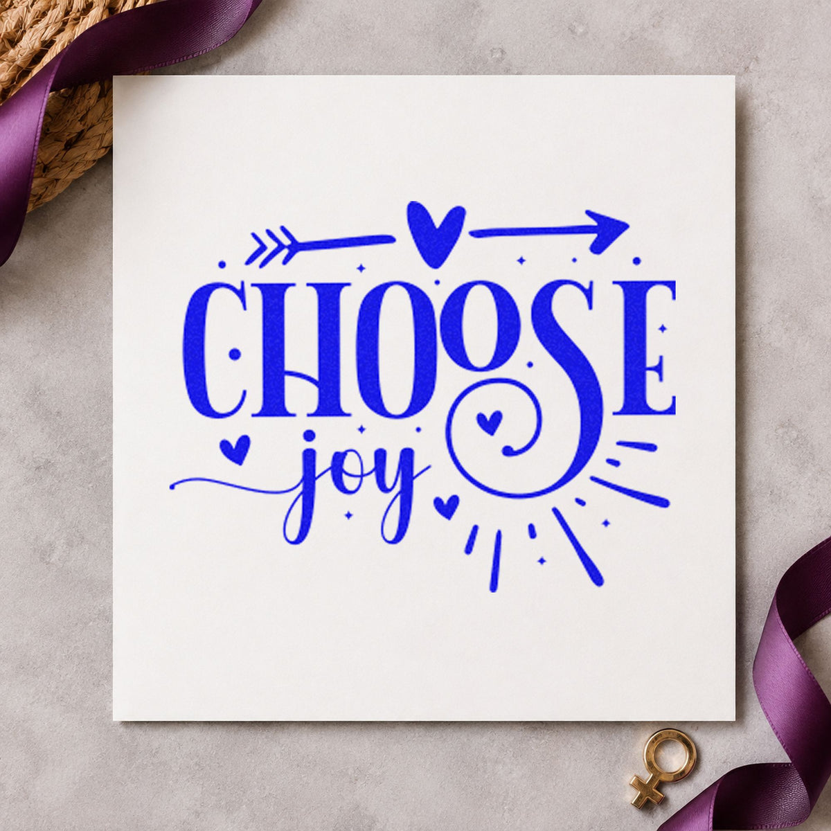 Choose Joy Heart Arrow craft stamp imprinted in blue ink on paper, a design suited to framed front window.
