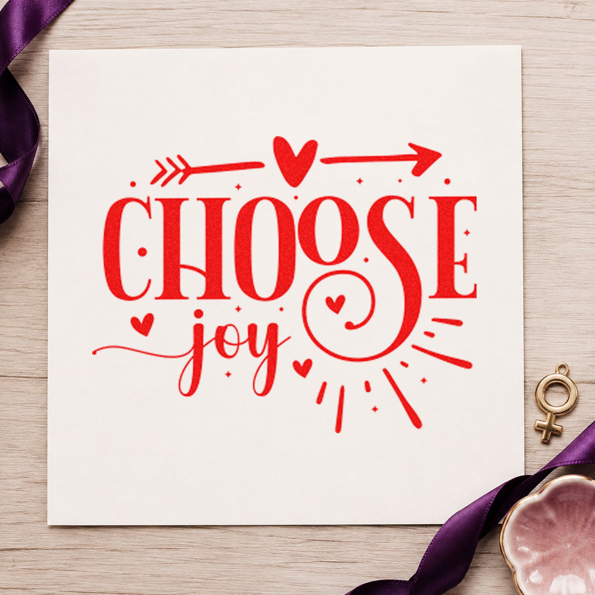 Choose Joy Heart Arrow craft stamp imprint in red ink on a handmade project, one idea being play idea cards.