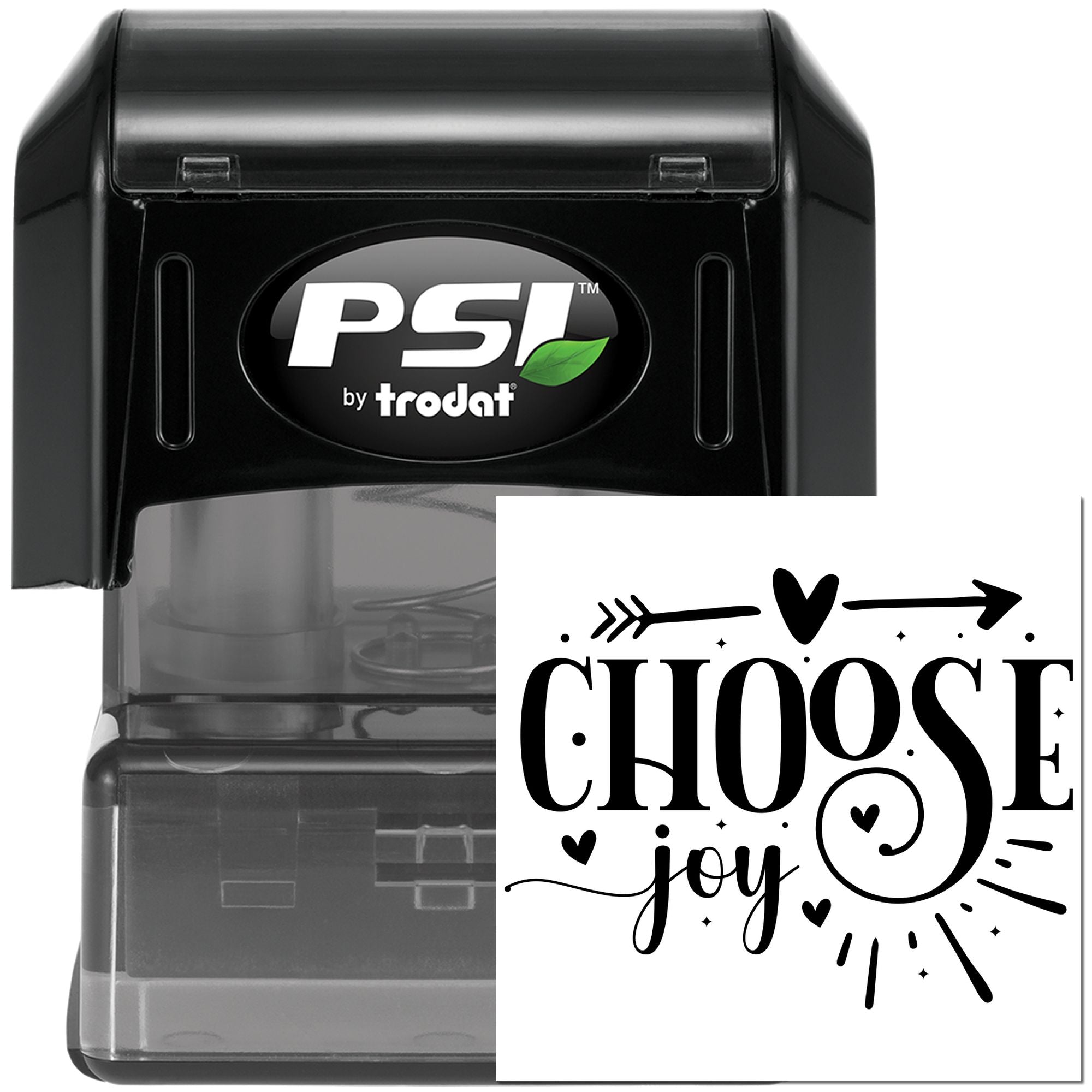 Self-inking rubber stamp by PSI Trodat with Choose Joy design for crafting, journaling, and inspirational stamping.