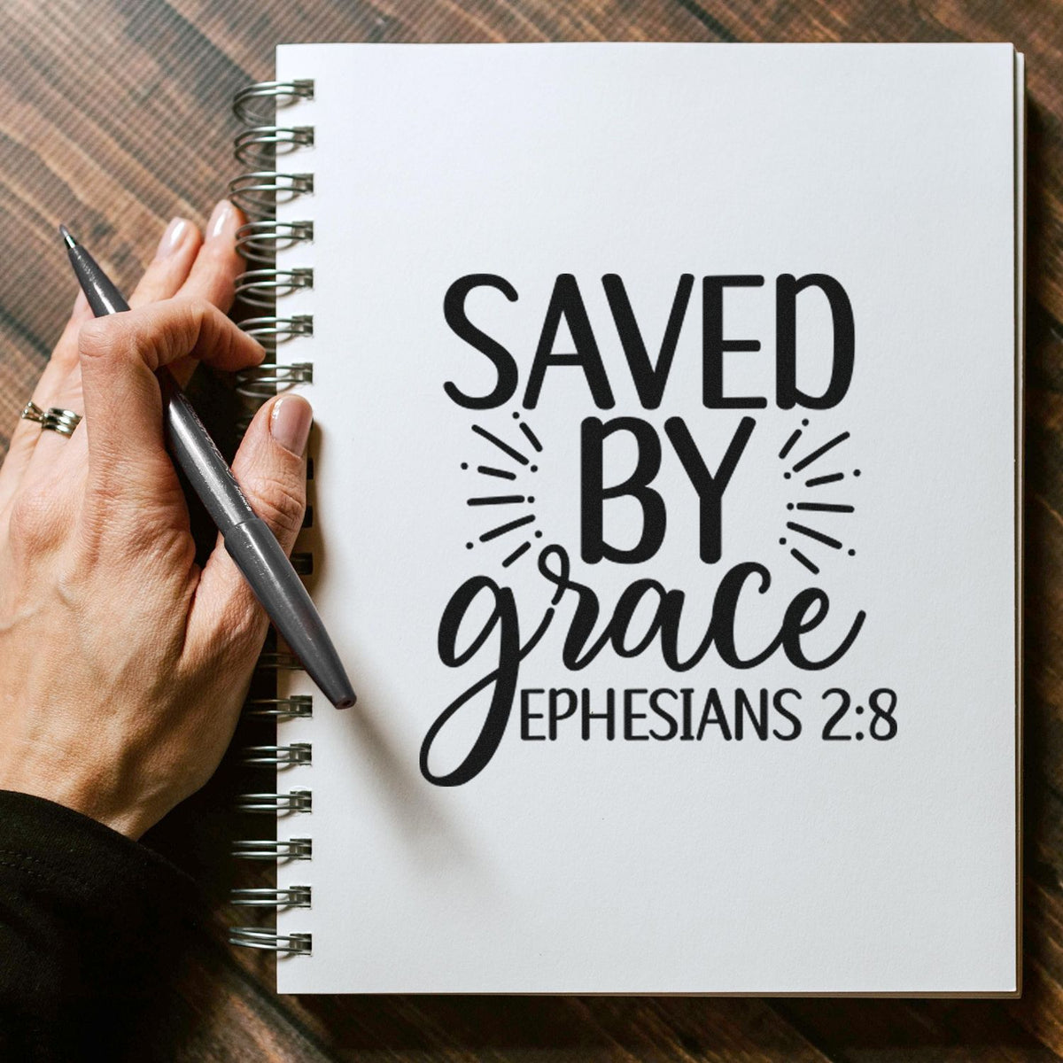 Christian rubber stamp reading Saved by Grace Ephesians 2:8 for Bible journaling and faith-based crafts.