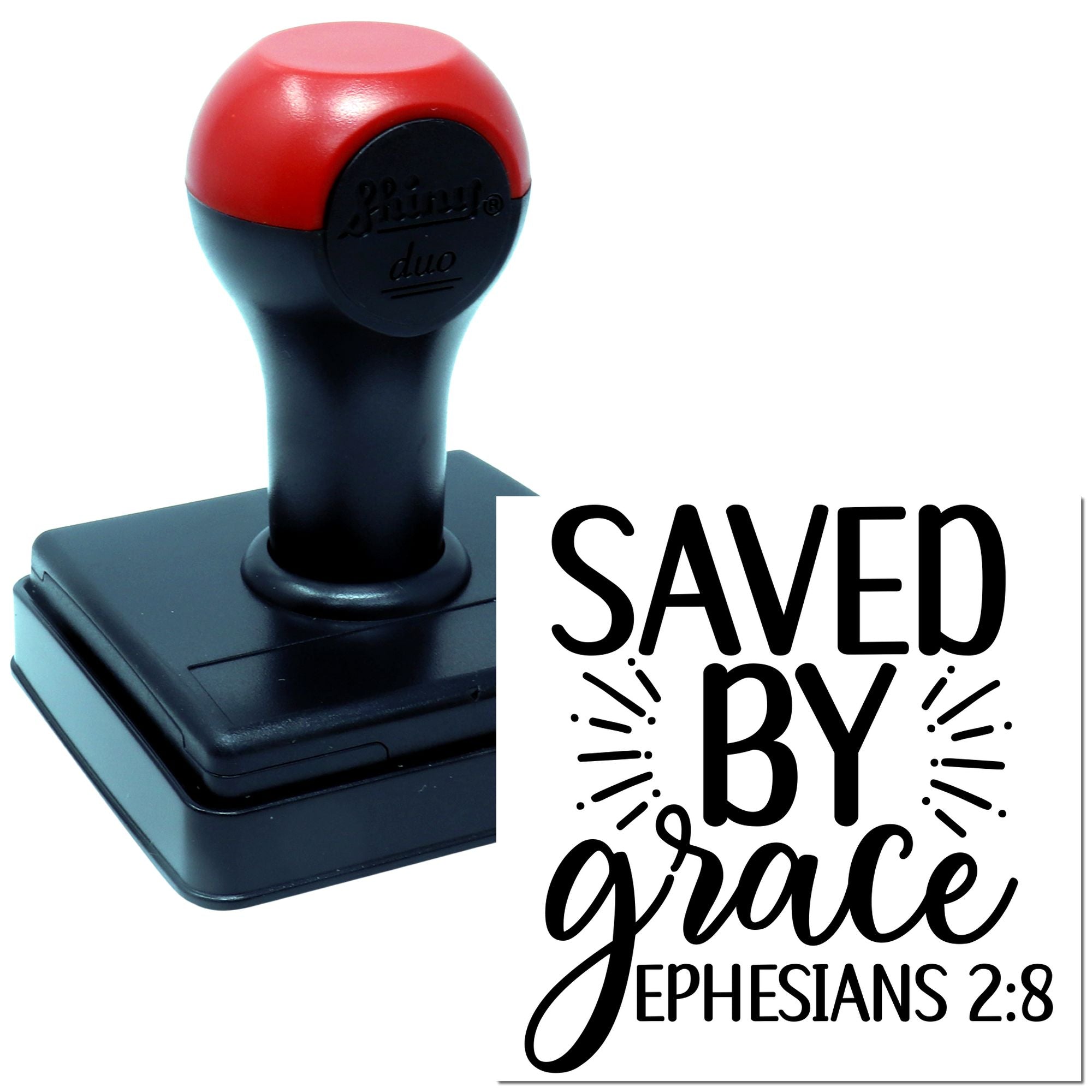 Custom self-inking rubber stamp reading Saved by Grace with Ephesians 2:8 for Christian Bible verse projects.