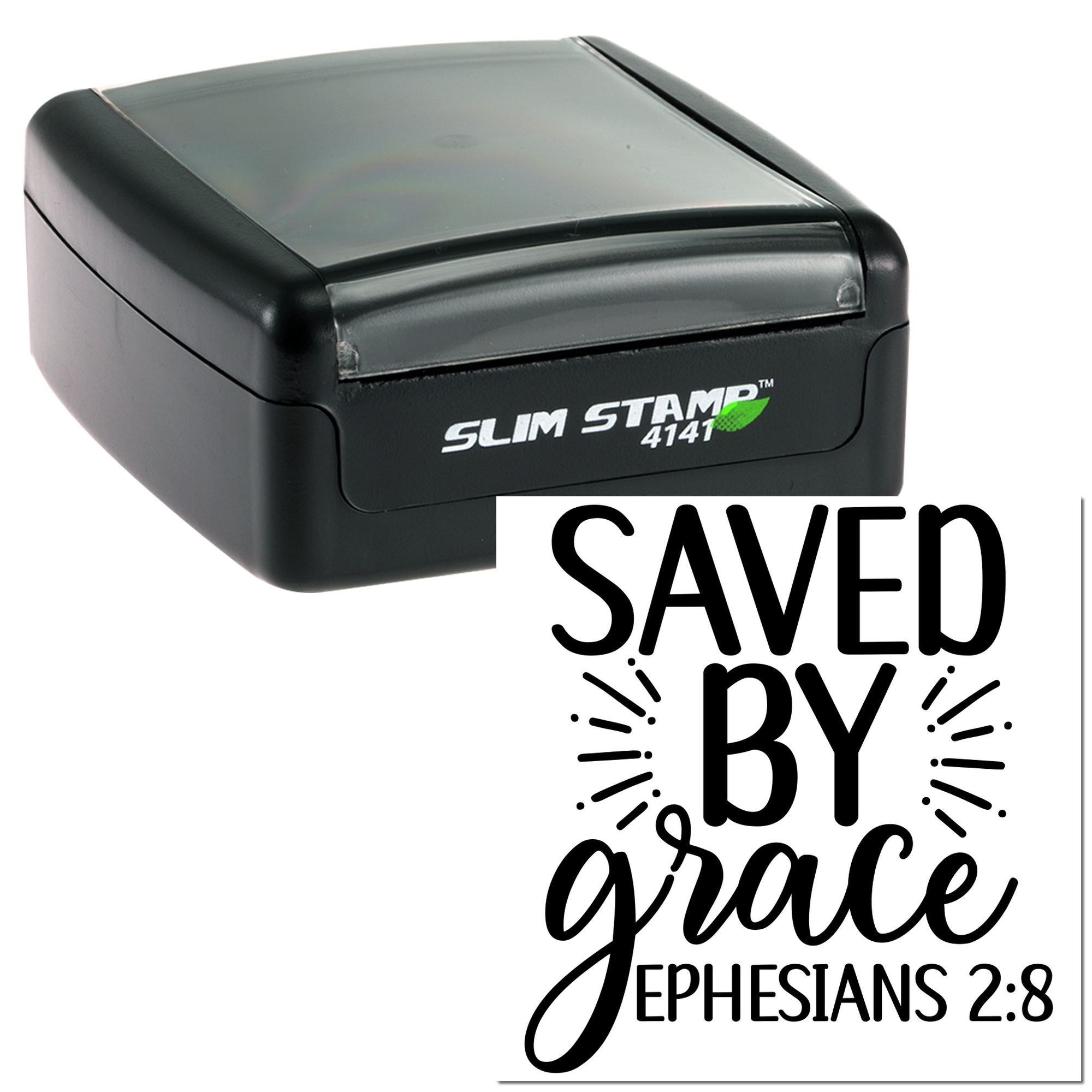 Slim Stamp 4141 self-inking rubber stamp with Saved by Grace Bible verse, Ephesians 2:8.