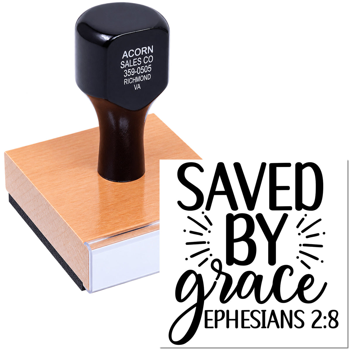 Custom rubber stamp with Saved by Grace and Ephesians 2:8 text, ideal for Christian crafts, church use, and Bible study.