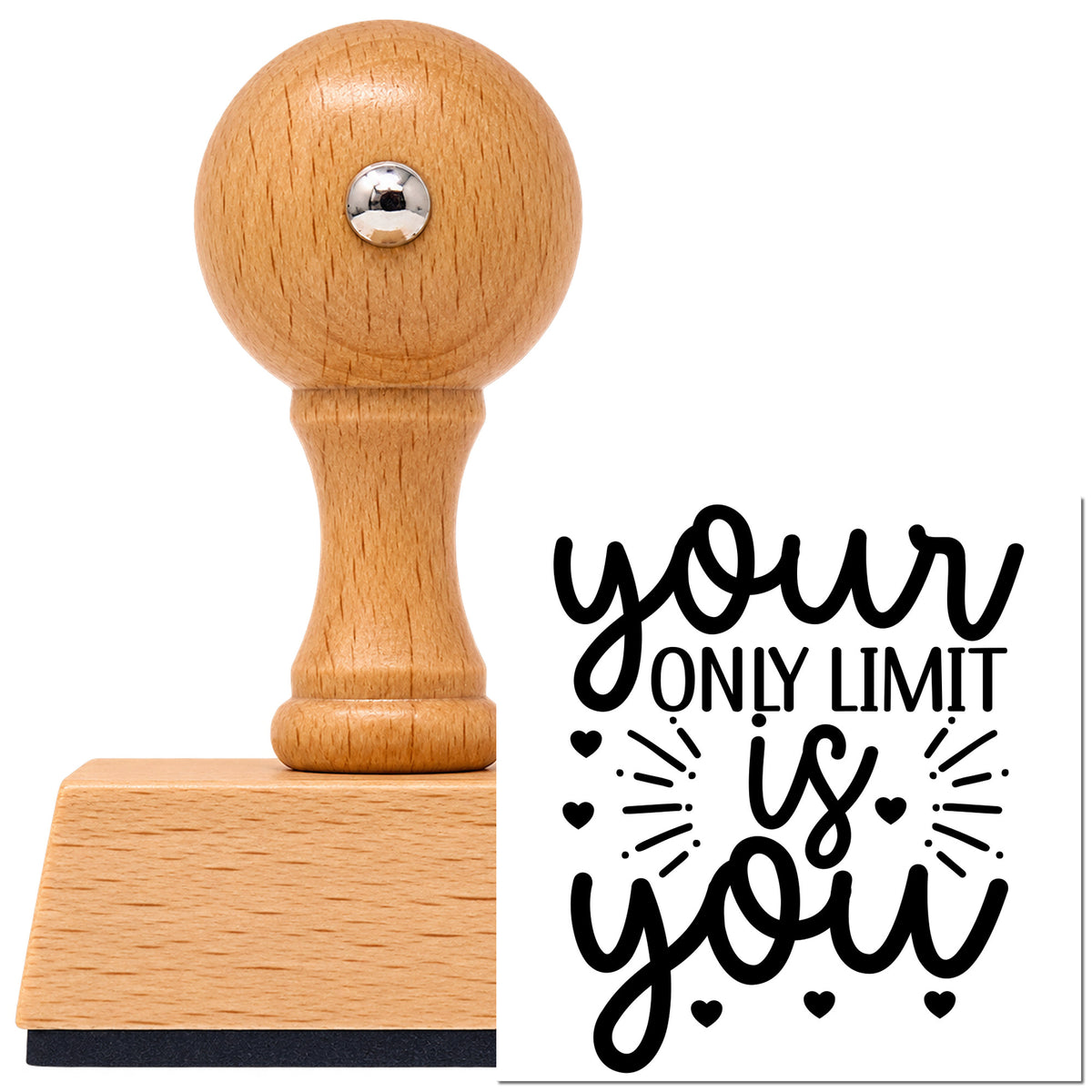 Your Only Limit Is You Rays Vintage Pro rubber stamp in European beech wood with a round knob handle, shown beside its black imprint.