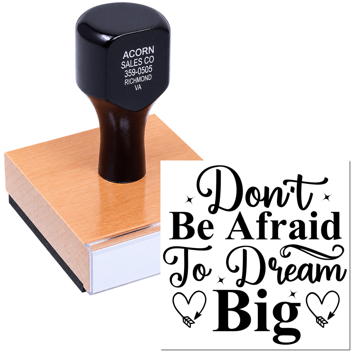 Custom rubber stamp with Dont Be Afraid to Dream Big inspirational quote for crafts, packaging, and branding