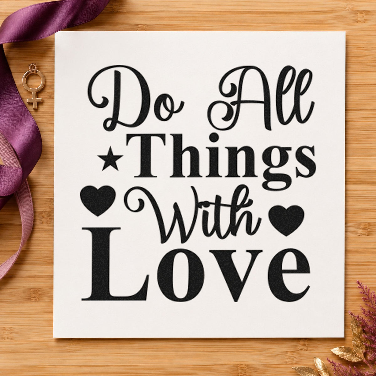 Do All Things With Love craft stamp in black ink on cardstock, an easy option for cake album page.
