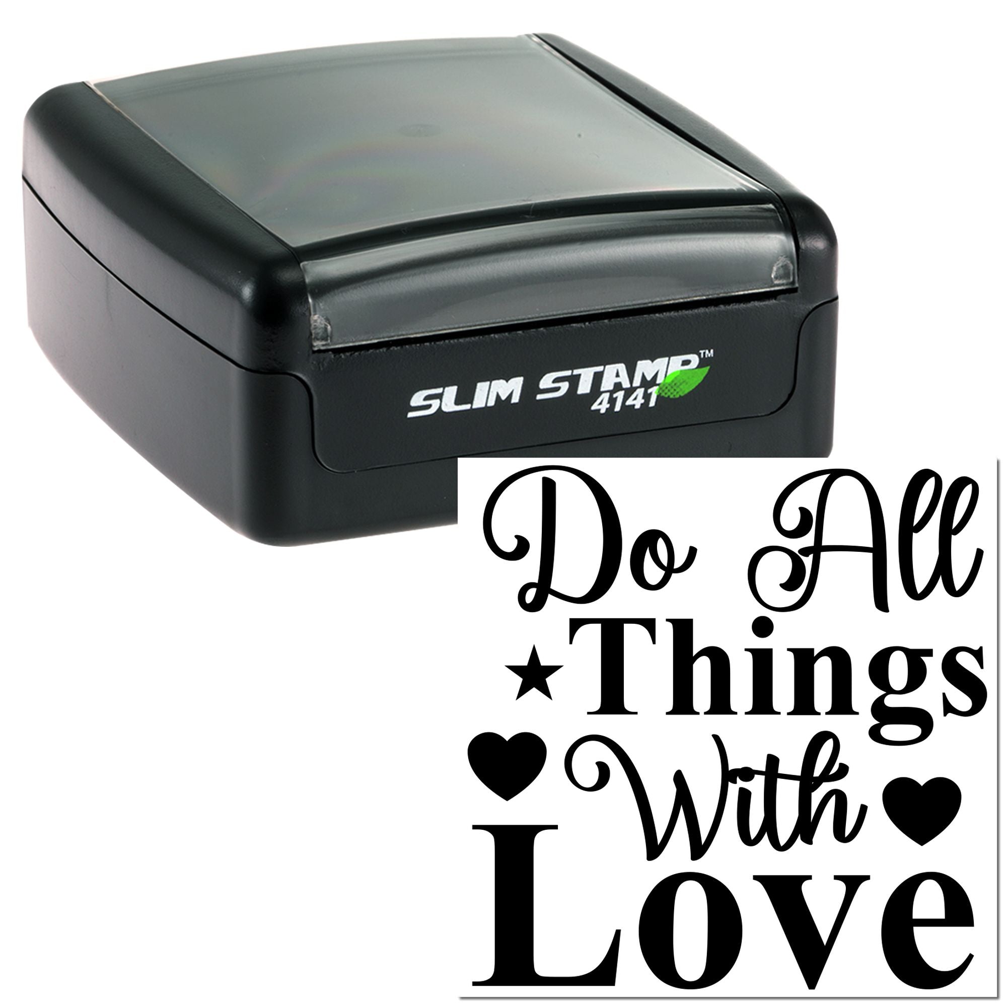 Self-inking slim rubber stamp featuring "Do All Things With Love" quote for custom crafts, cards, and stationery