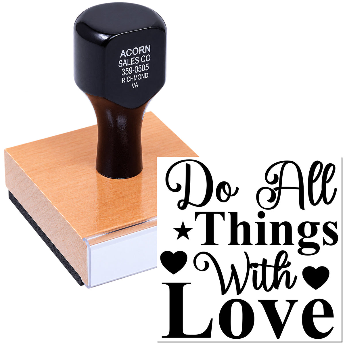 Custom rubber stamp with Do All Things With Love design for crafts, cards, and personalized stamping.
