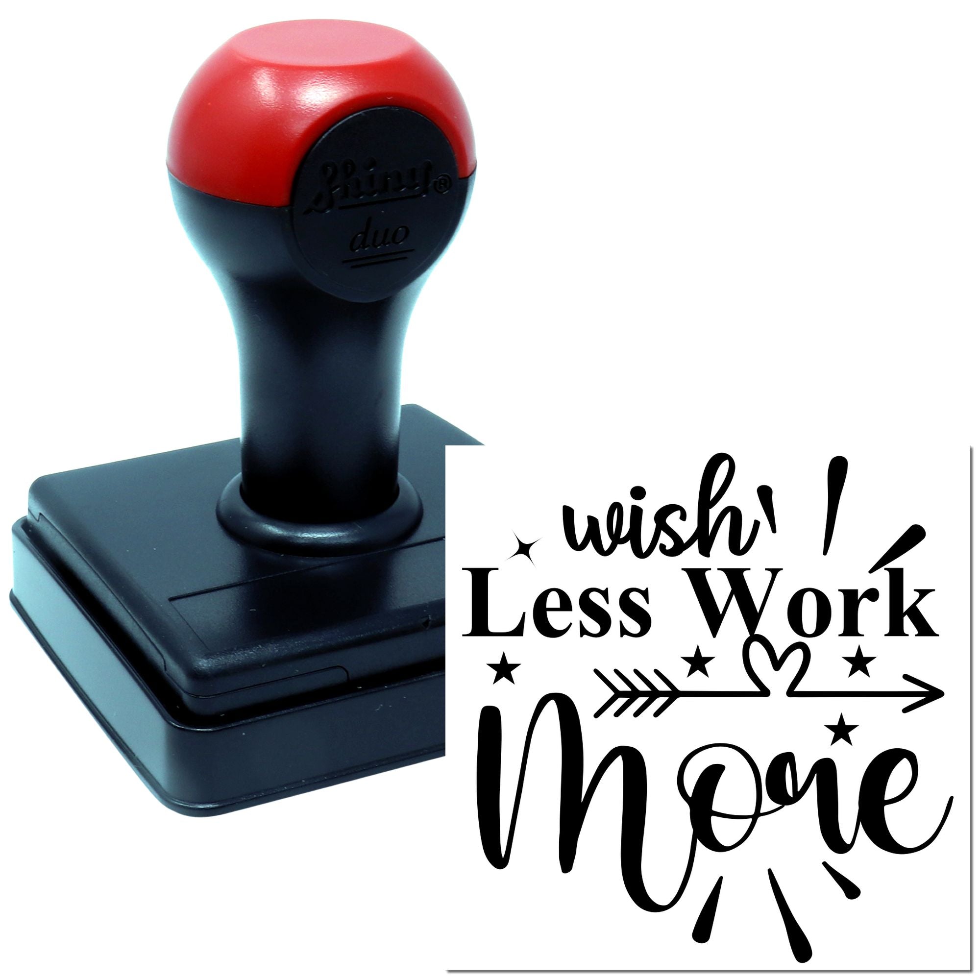 Custom self-inking rubber stamp with wish! Less Work More design for planners, crafts, and business use.