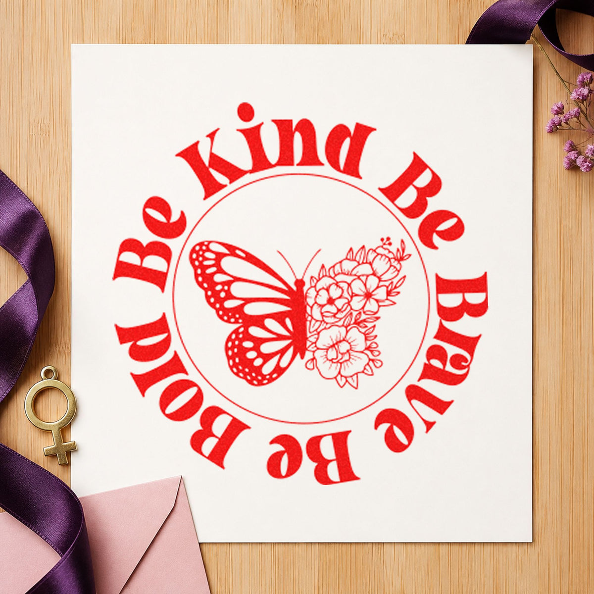 Be Kind Brave Bold Butterfly craft stamp imprint in red ink on a handmade project, one idea being demo note cards.
