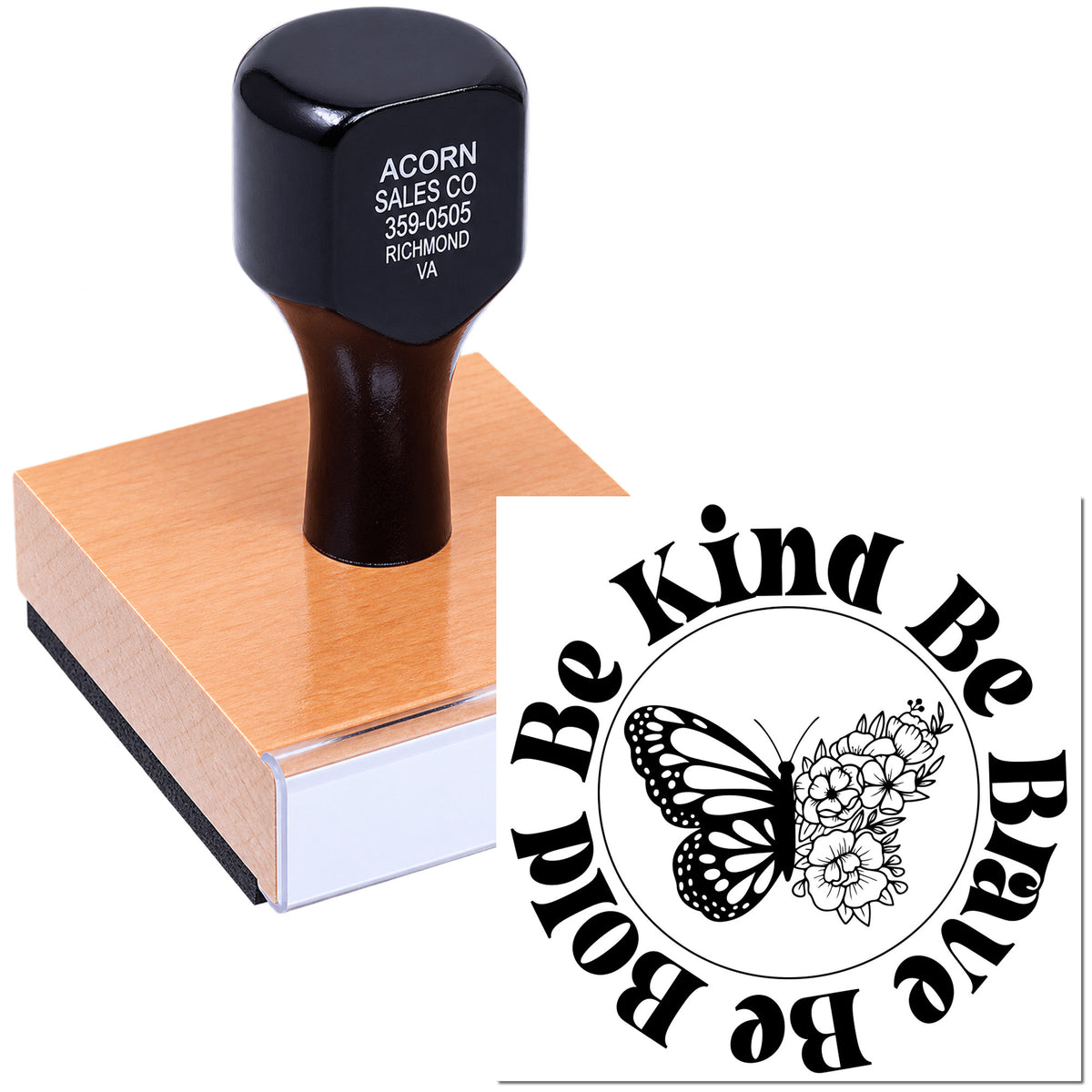 Custom logo rubber stamp with Be Kind Be Brave butterfly floral design for branding and craft packaging.
