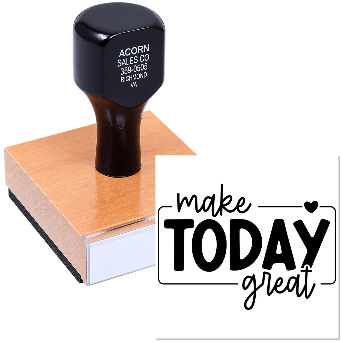 Custom wood handle rubber stamp with Make Today Great design for personal branding, crafts, and DIY stationery.
