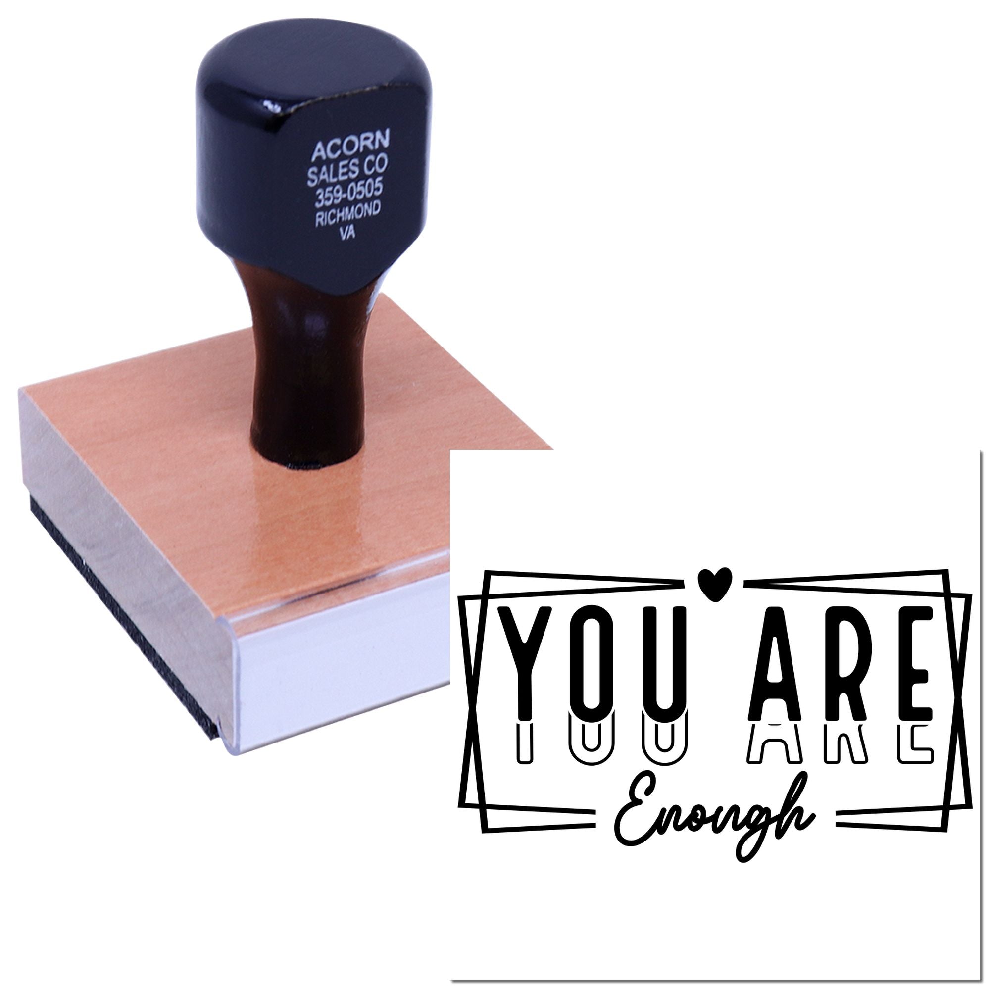 Custom rubber stamp with 'You Are Enough' inspirational design for cards, packaging, and handmade craft branding.