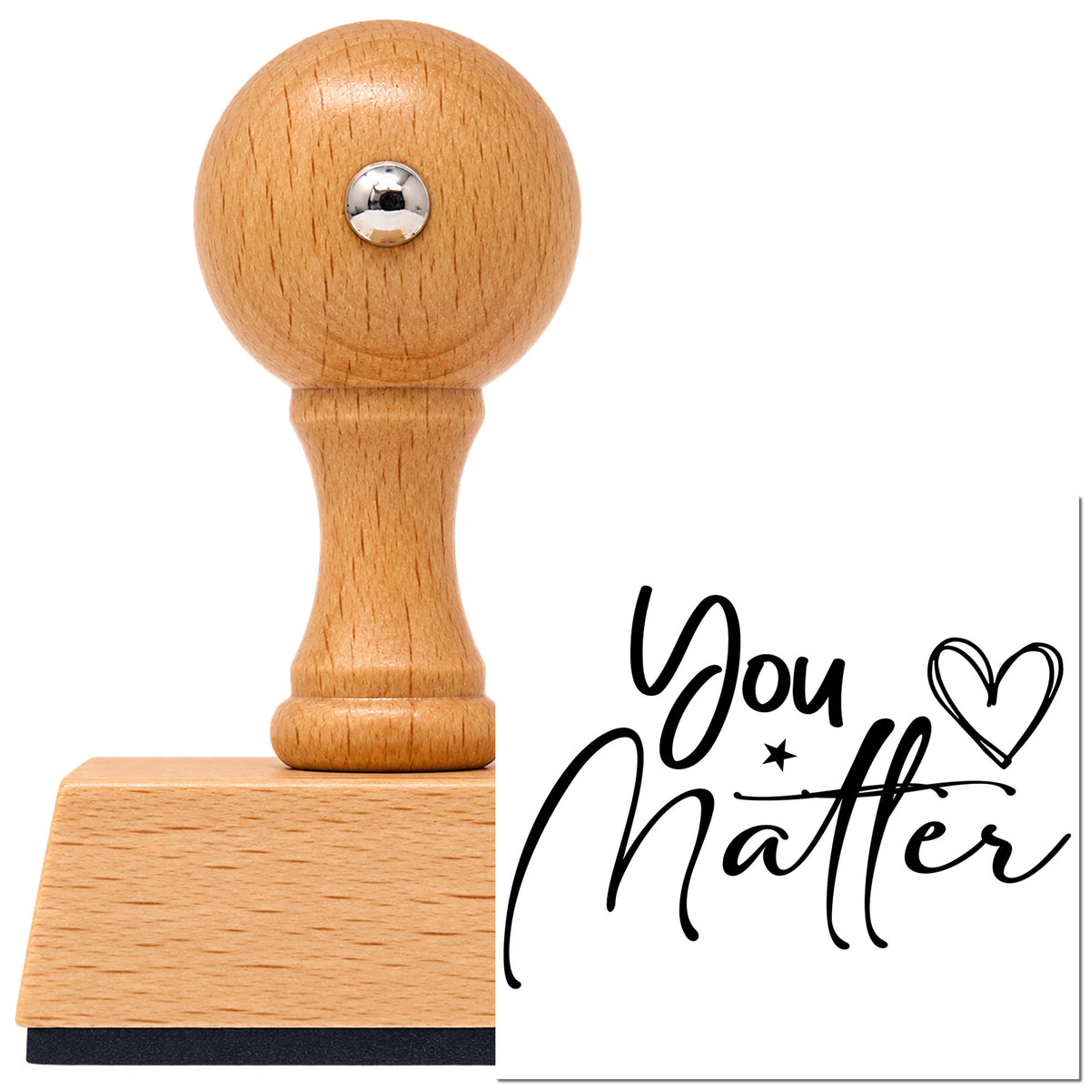 You Matter Heart Star Vintage Pro rubber stamp in European beech wood with a round knob handle, shown beside its black imprint.