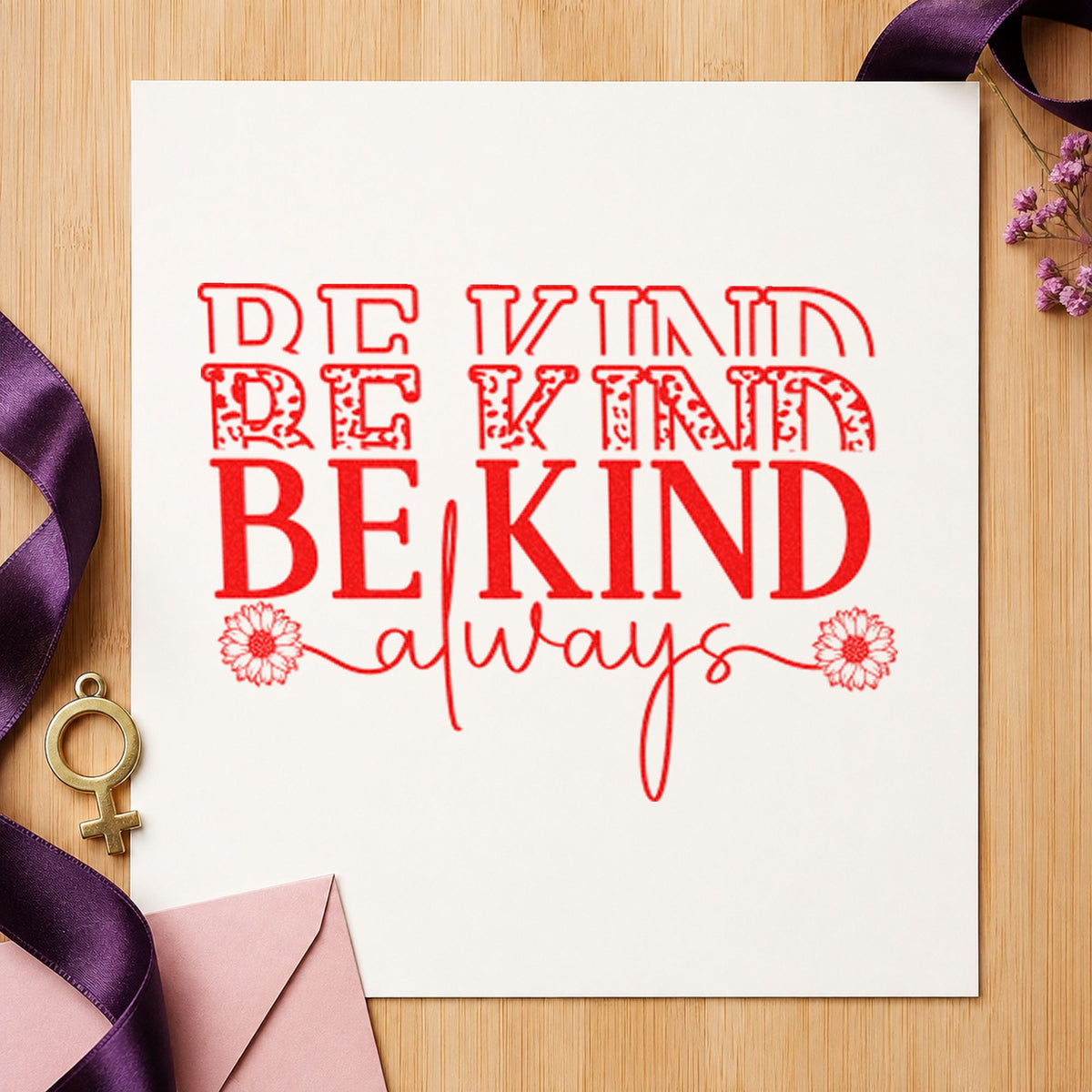 Be Kind Always Repeated rubber stamp shown in red ink, stamped for projects such as bin client labels.