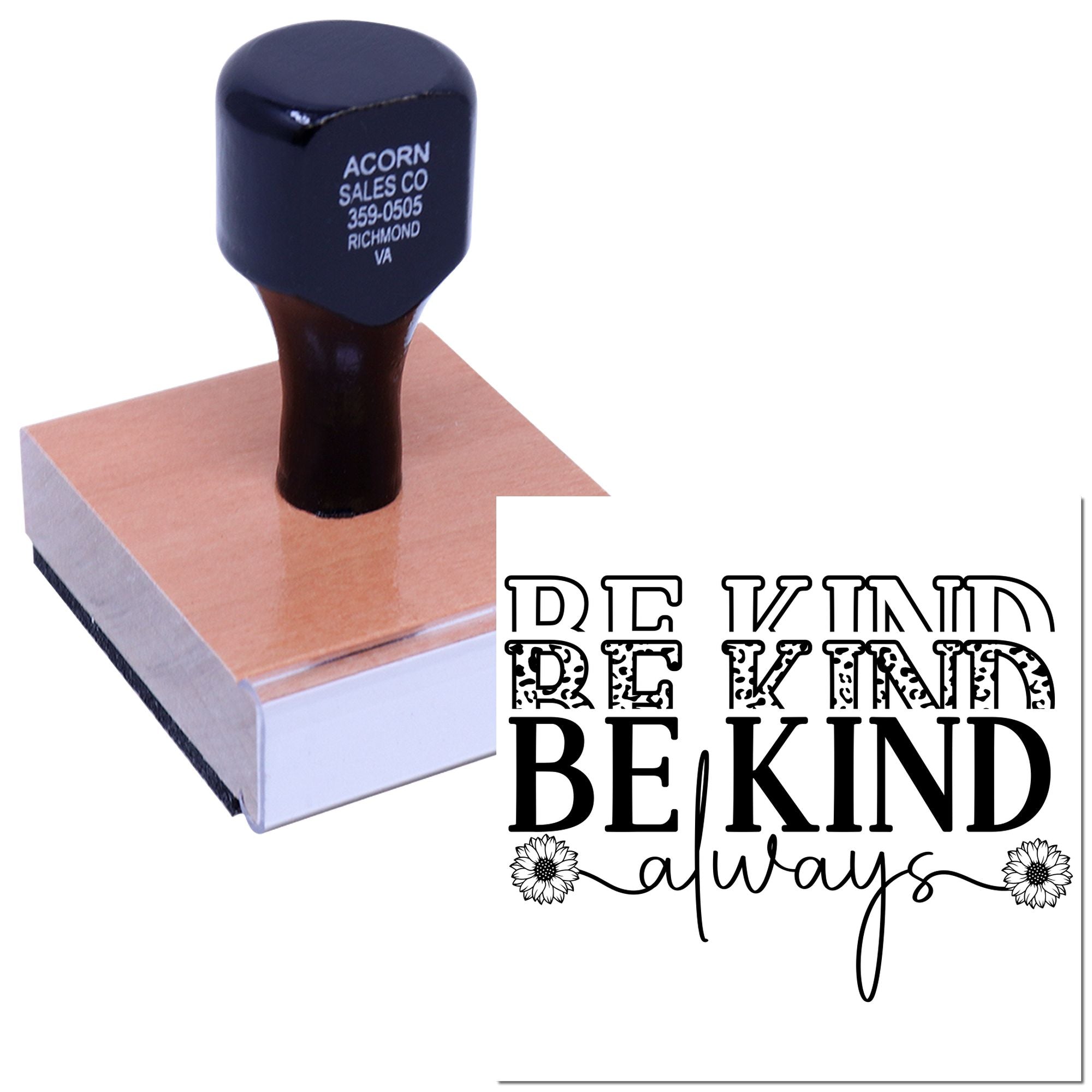 Custom rubber stamp displaying Be Kind Always, ideal for personalized crafts, gifts, and branded stationery.