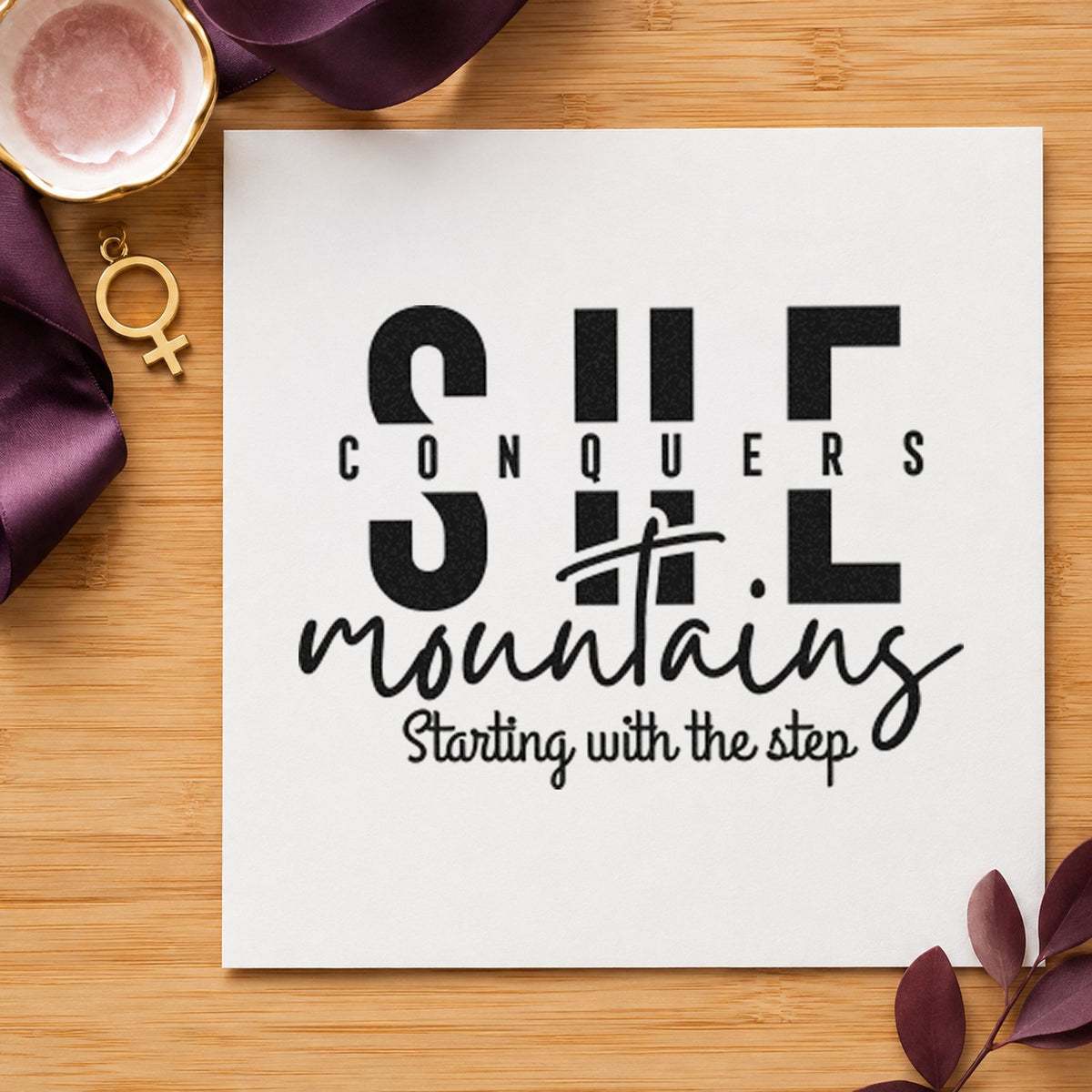 She Conquers Mountains Step rubber stamp printed in black ink, ready for hike plan sheet and similar paper crafts.