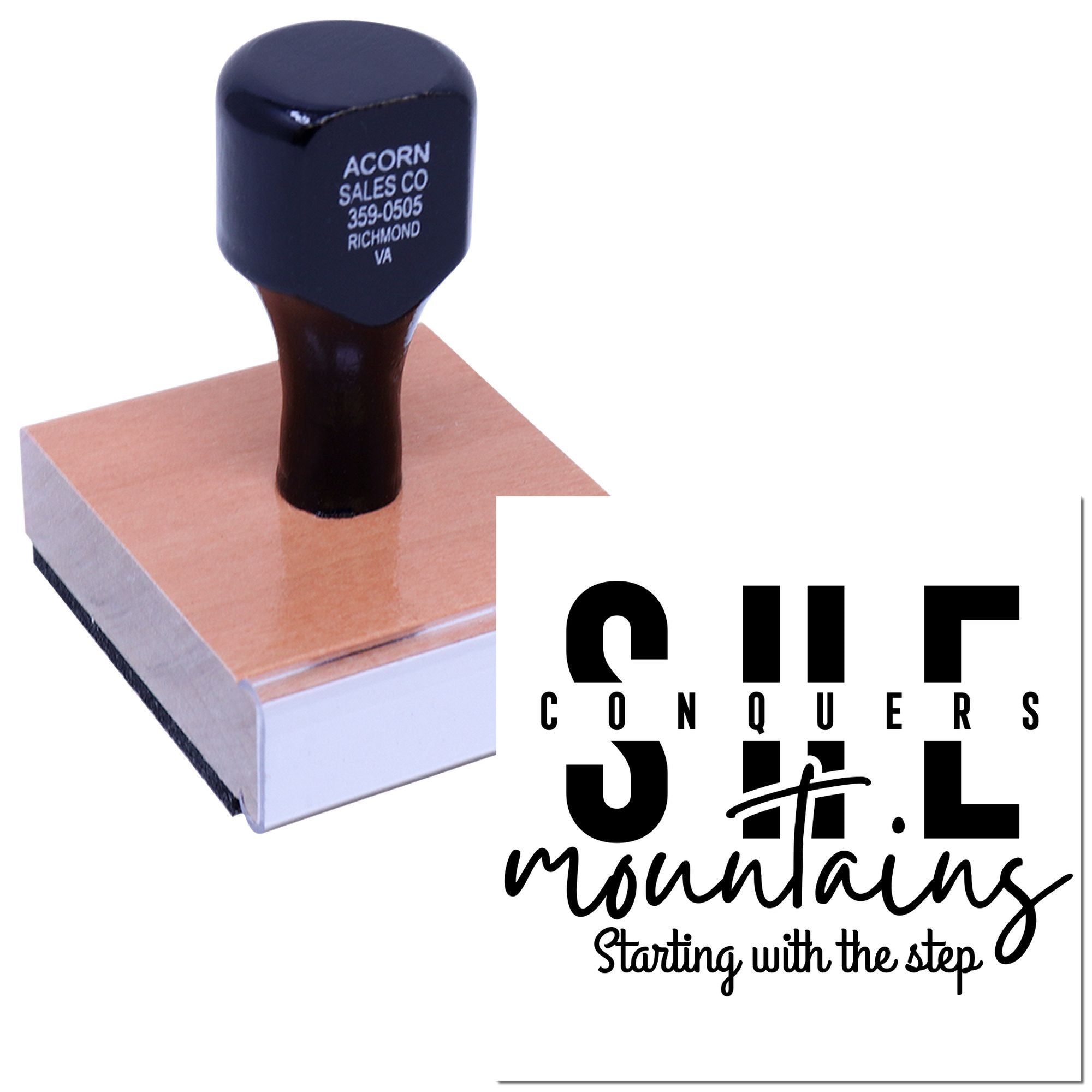 Custom rubber stamp with She Conquers Mountains logo for branding, packaging, and craft projects