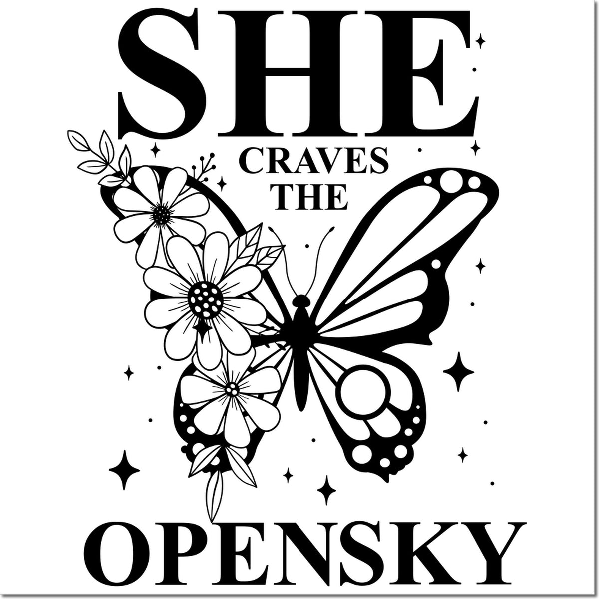 Butterfly floral rubber stamp design with text "She Craves the Open Sky" for inspirational craft and journaling projects.