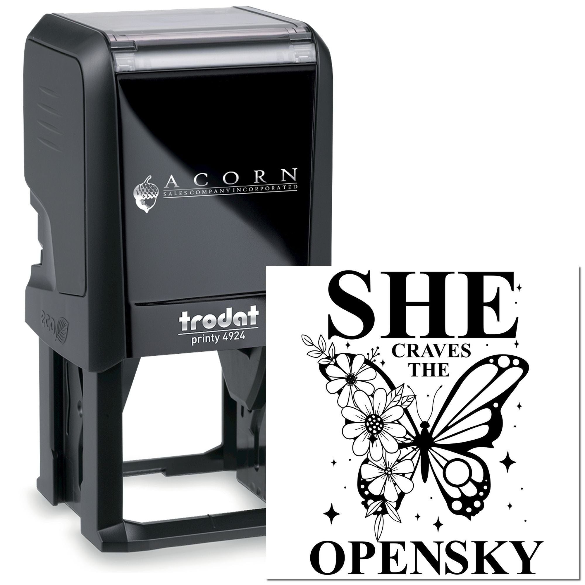 Custom self-inking rubber stamp with butterfly floral design and She Craves the Opensky text, Trodat Printy 4924
