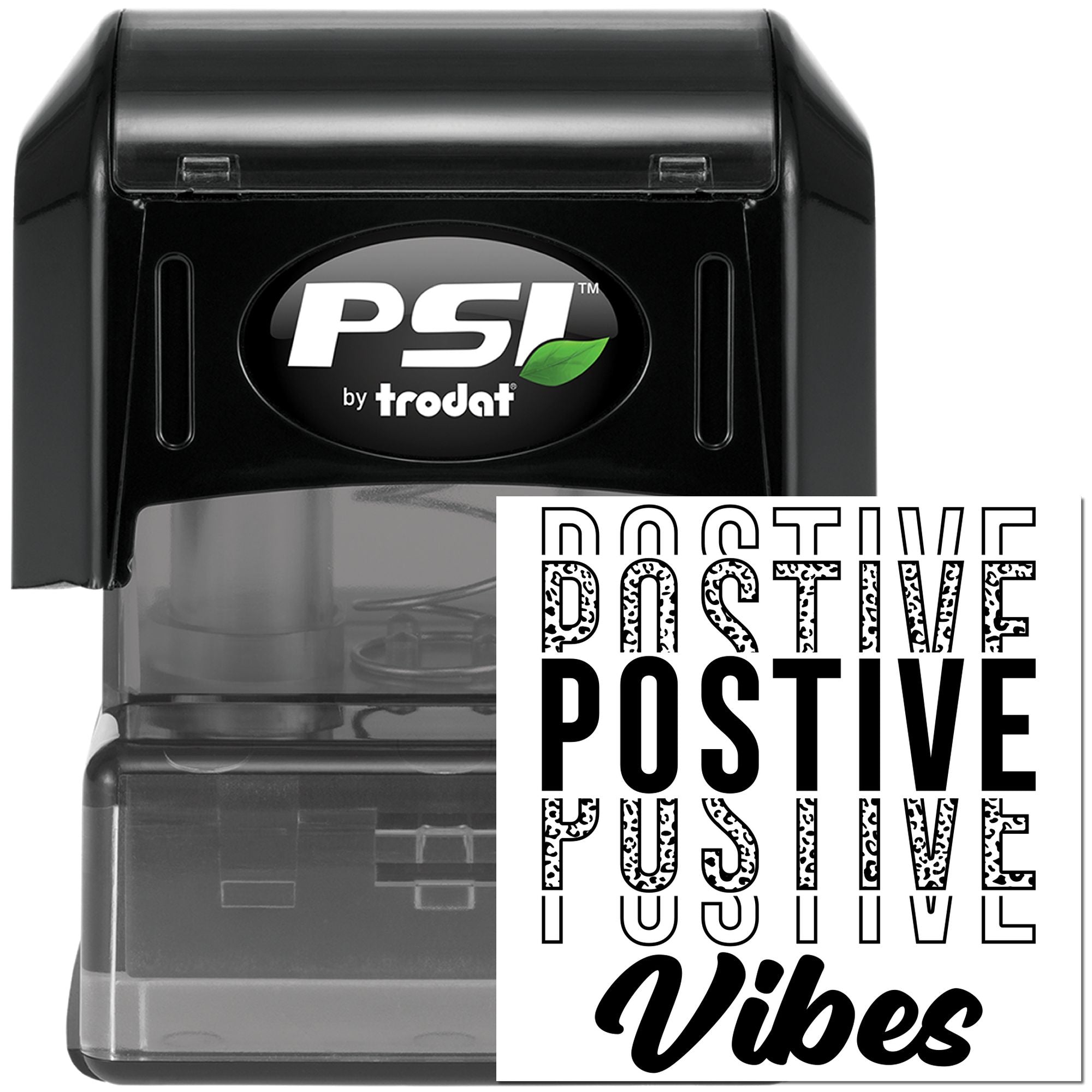 PSI by Trodat self-inking rubber stamp with Positive Vibes imprint for uplifting custom stamping