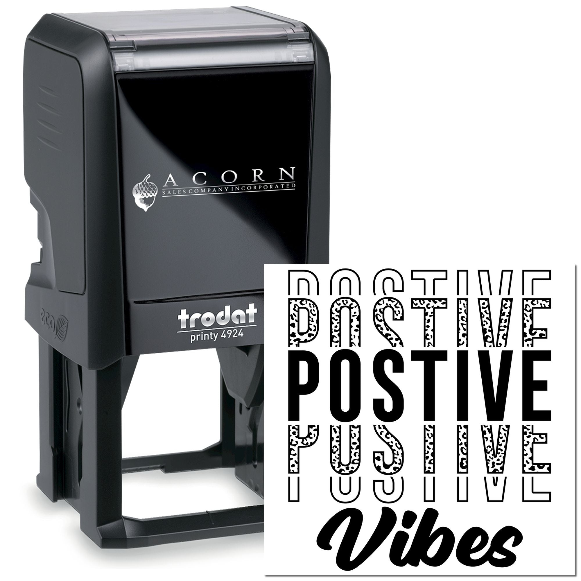 Trodat Printy 4924 self-inking rubber stamp with custom Positive Vibes impression for office or branding use