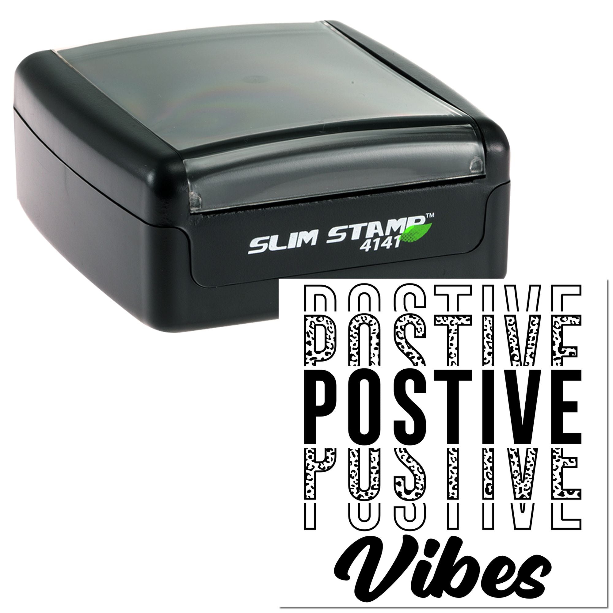 Self-inking Slim Stamp 4141 rubber stamp with Mostly Positive Vibes design for custom motivational business stamping.