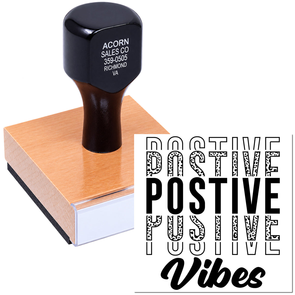 Positive Vibes rubber stamp for custom branding, crafting, and uplifting packaging designs.