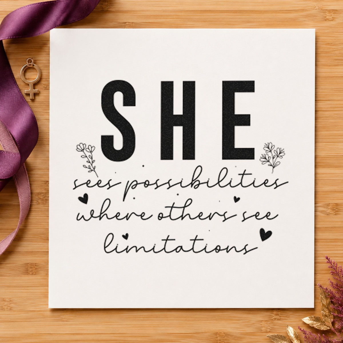 She Sees Possibilities Limitations craft stamp imprint in black ink on a handmade project, one idea being model kit gift tags.