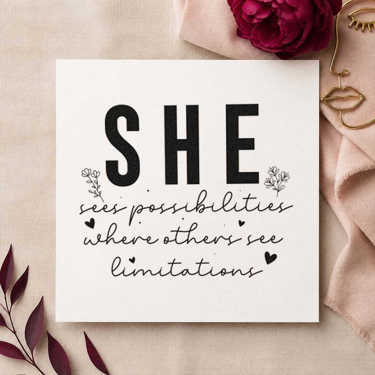 She Sees Possibilities Limitations rubber stamp printed in black ink, ready for crit schedule sheet and similar paper crafts.