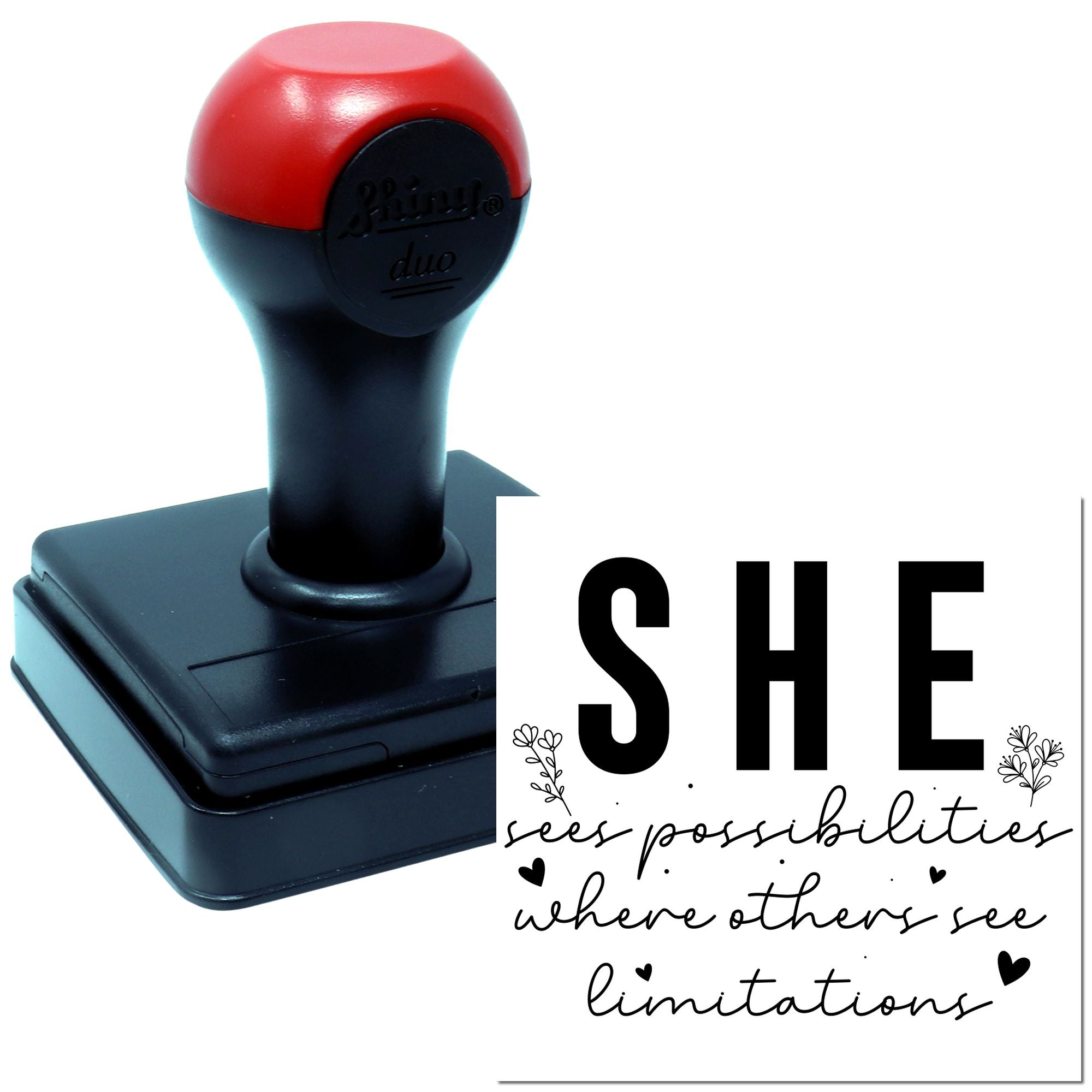 Custom self-inking rubber stamp with She sees possibilities where others see limitations quote for crafts, gifts, and branding.