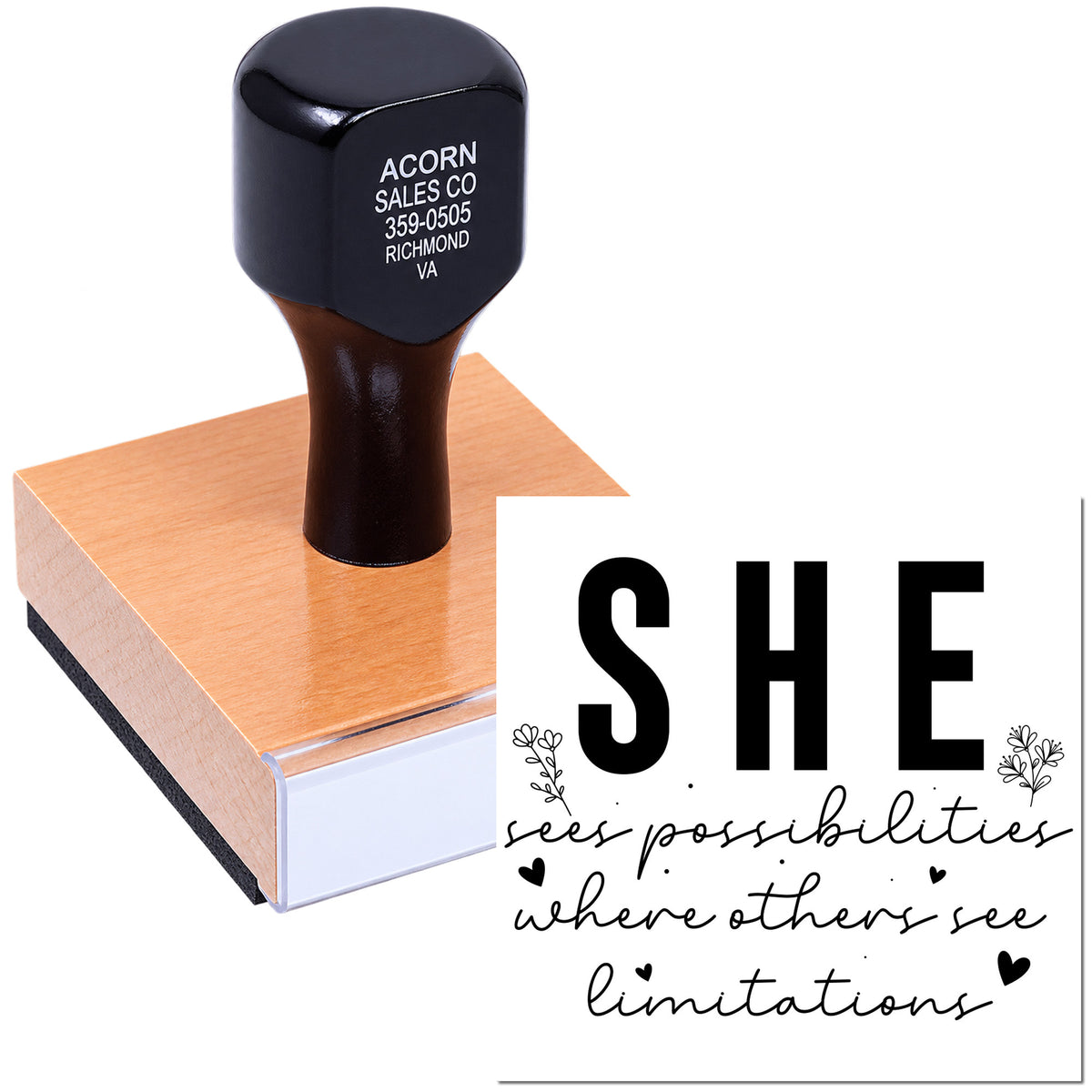 Inspirational custom rubber stamp with She sees possibilities where others see limitations quote for stationery and gifts.
