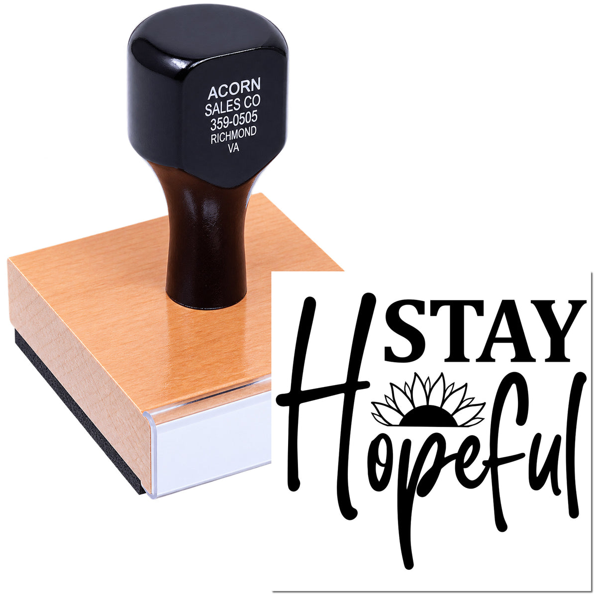 Custom rubber stamp with Stay Hopeful design, ideal for inspirational stationery, branding, and handmade craft projects.