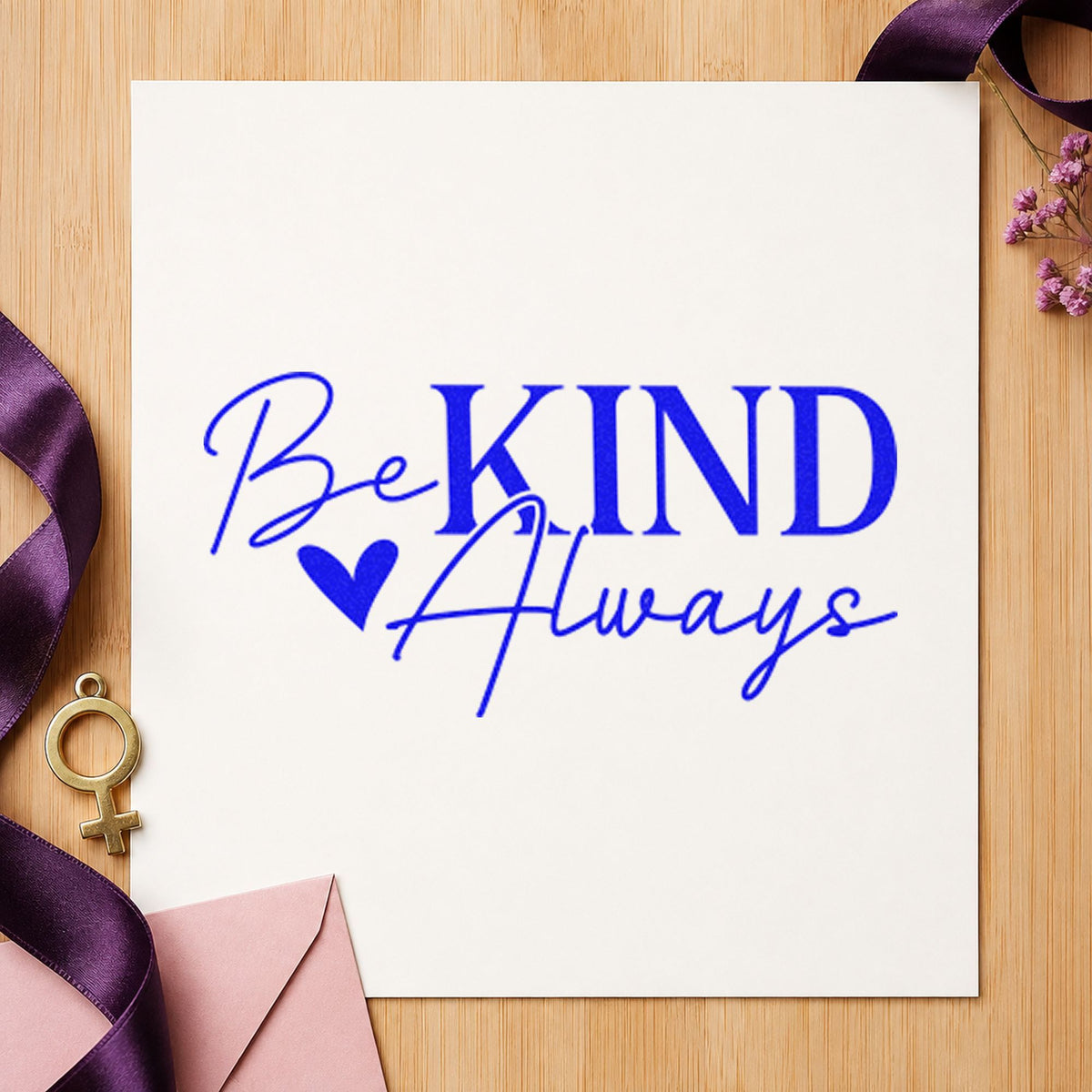Be Kind Always Heart craft stamp imprinted in blue ink on paper, a design suited to framed kitchen board.
