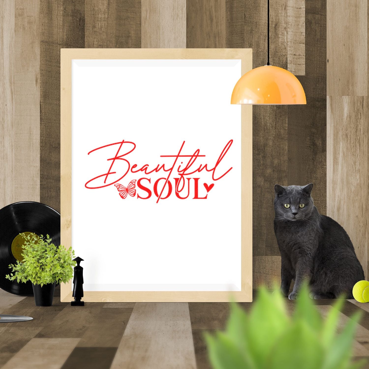 Beautiful Soul rubber stamp design mockup on framed sign, ideal for custom handmade branding and gift packaging.