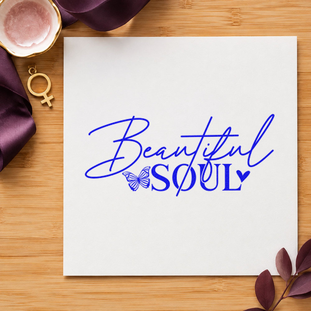 Beautiful Soul Butterfly Lettering craft stamp imprinted in blue ink on paper, a design suited to framed side table.